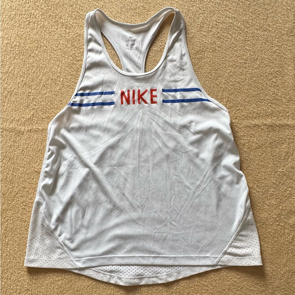 Nike Women's White Tank Top with Blue and Red Accents